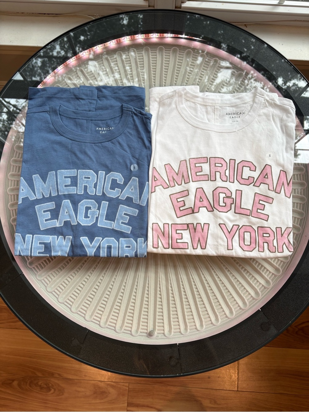 NWT American Eagle Graphic Tees — Blue & White with Pink Logo